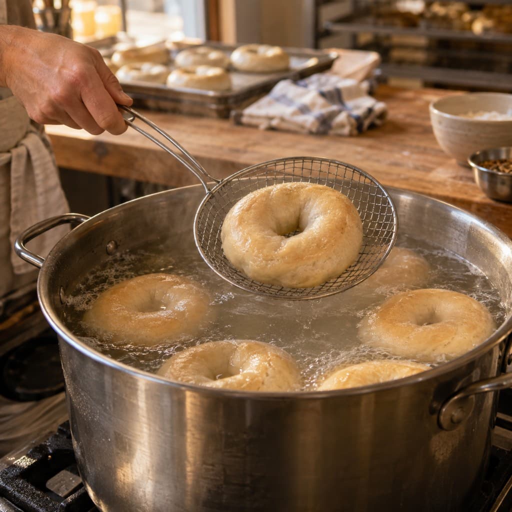 Boiling bagels before baking